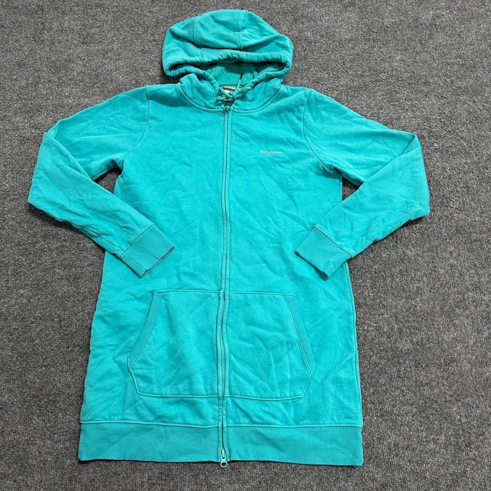Columbia Hoodie Womens Size M Teal Longline Full Zip Fleece Hooded Sweatshirt